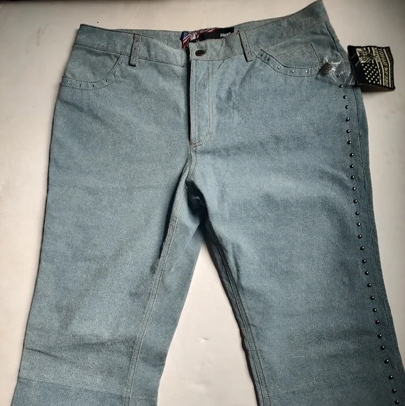 USA Bikers Dream Apparel Leather Blue Studded Pockets Boot Cut Pants Women's 14